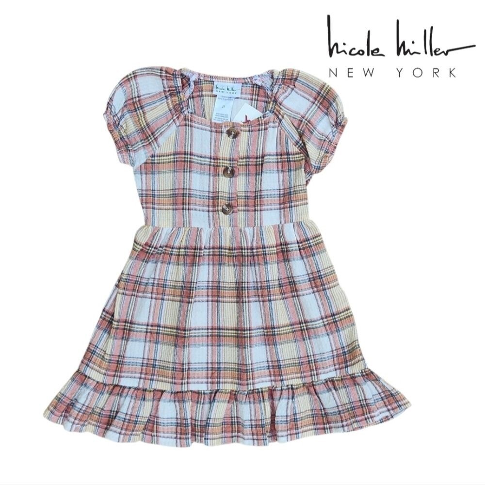 Nicole Miller Girls Woven Plaid Dress Short Sleeve Half Button Down Size 2T - Picture 1 of 12